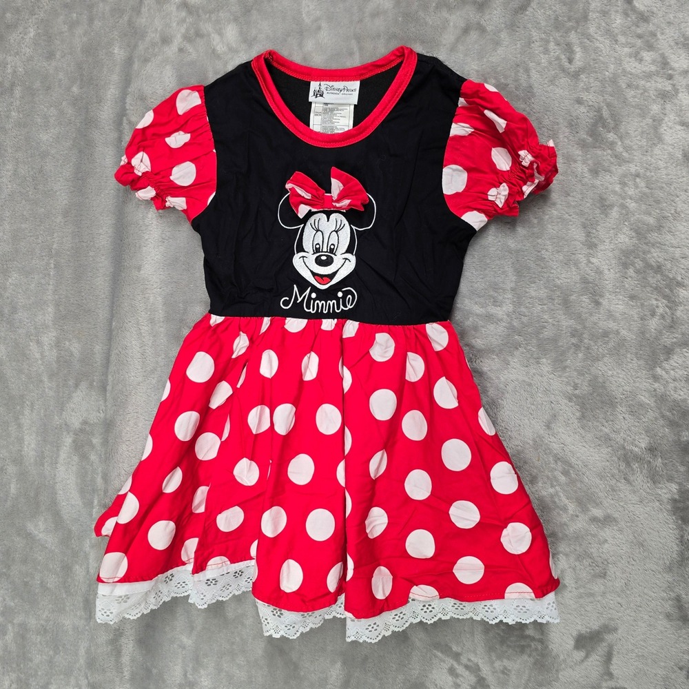Disney Parks Minnie Mouse Dress Kids XXS Red Polka Dot Lace Trim Bow Puff Sleeve